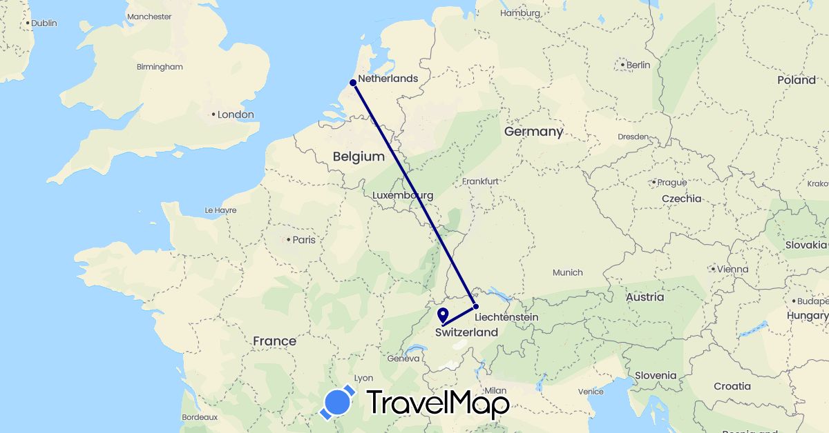 TravelMap itinerary: driving in Switzerland, Netherlands (Europe)